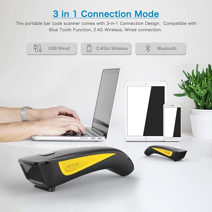 NETUM Mini Barcode Scanner Bluetooth Compatible, Small Portable USB Bar Code Scanner for Inventory, 2.4G Cordless Image Reader for Tablet iPhone iPad Android iOS PC POS (2D-C750-Yellow)
