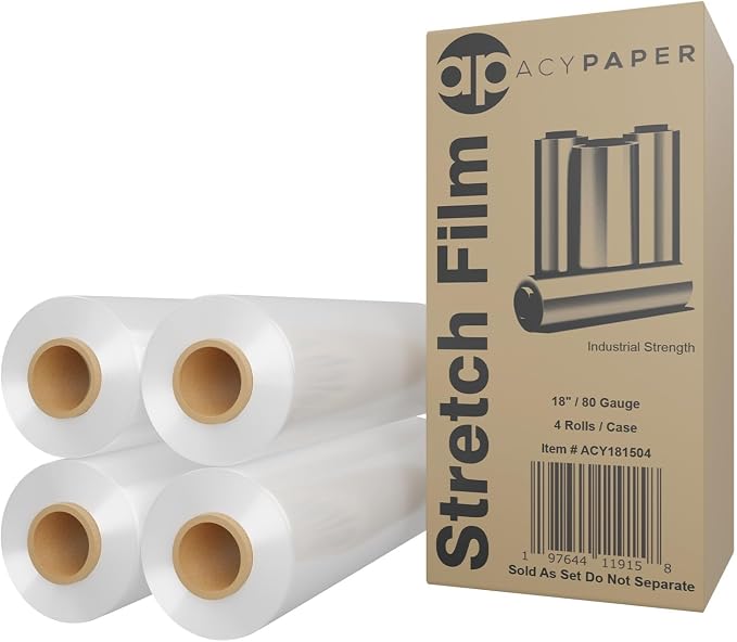 ACYPAPER, 18" Stretch Film/Wrap 1200 feet 80 Gauge Industrial Strength, up to 800% Stretch 20 Microns Clear Cling Durable Adhering Packing Moving Packaging Heavy Duty Shrink Film (4 Rolls/Box)