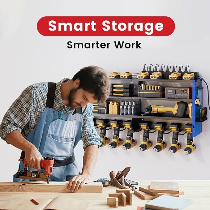 53" Power Tool Organizer Wall Mount with Power Strip,Blue Heavy Duty Metal Tool Shelf, 400lbs Capacity for Cordless Drills, Batteries & Garage Storage (12 Slots with 8 Outlets Power Strip)