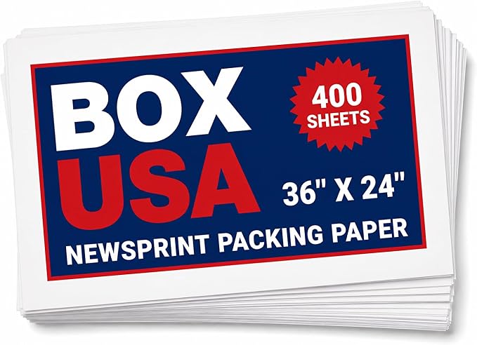 Box USA Packing Paper Sheets 24" x 36" (400 Sheets, 25 lb) - Newsprint Paper for Shipping, Storage and Moving Supplies, White