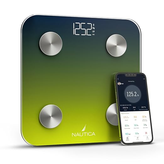 Nautica Body Tracker Digital Bathroom Scale, Bluetooth-Enabled Smart Scale with BMI, Body Fat, Muscle Mass Tracking & More, Syncs with Smartphone App for Body Composition Tracking, 396 Lbs.