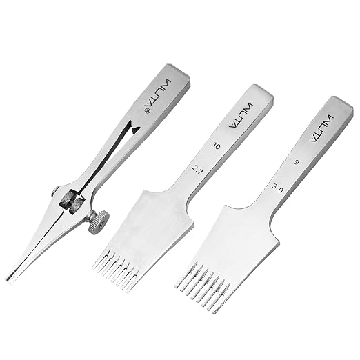 WUTA Leather Chisel All-Polished Pricking Iron Adjustable 2-6mm French Style Puncher Sharp Punching Tool Set (Obverse Adjustable 2 Teeth+2.7mm 8 Teeth+3.0mm 8 Teeth)