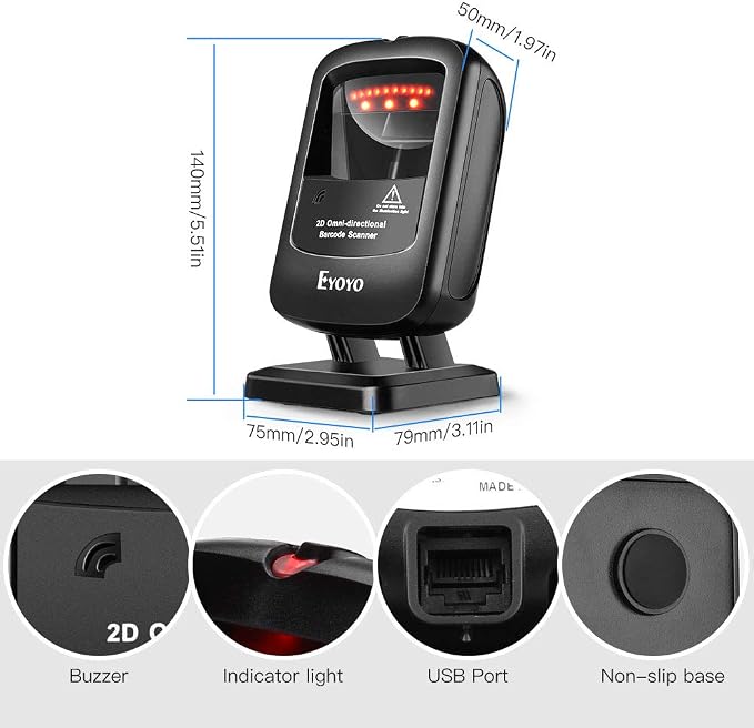 Eyoyo 1D 2D Desktop Barcode Scanner, Omnidirectional Hands-Free USB Wired Barcode Reader, Capture Barcodes from Mobile Phone Screen, Automatic Image Sensing for Supermarket Library Retail Store