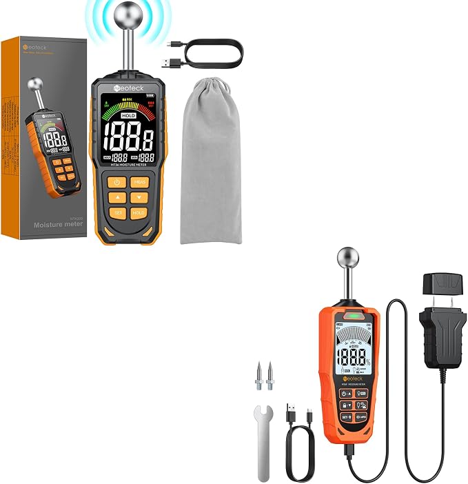 Neoteck Professional Measurement Kit: Spherical Inductive Pinless Moisture Meter & 2-in-1 Dual Probe 40mm Moisture Meter, LCD Display, USB Rechargeable, Audio Alarm for Wood, Wall, Concrete