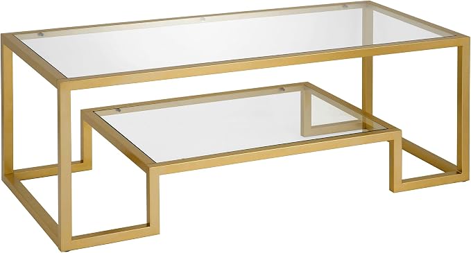Henn&Hart 45" Rectangular Coffee Table with Glass Top and Raised Lower Shelf for Living Room, Family Room, or Office, Gold