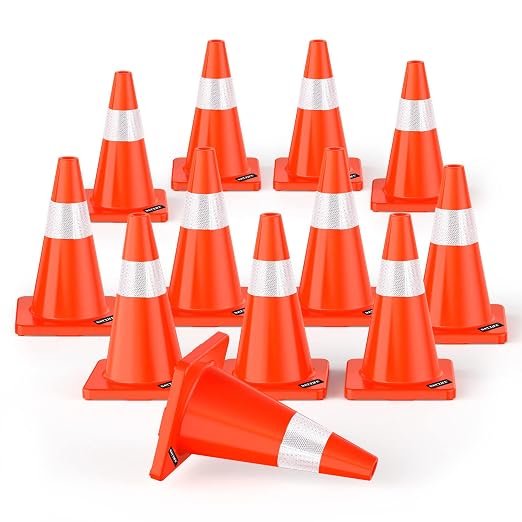 BATTIFE 12 Pack Traffic Safety Cones 18 Inch with Reflective Collars PVC Orange Construction Cones for Home Driveway Road Parking Use