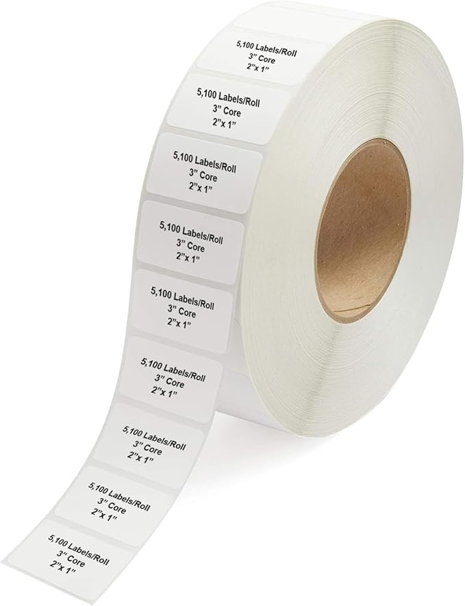 Industrial Thermal Transfer Labels, 2 x 1 Inches, 3 Inch Core, 5,100 Labels/Roll- 1 Rolls/Case, Perforated, Ribbon Required, for Thermal Transfer Printers
