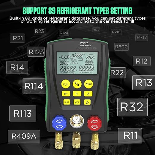 HVAC Gauges Digital Manifold Gauge Set Dual Pressure&Temp Test 89 Refrigerant Gauges R22 R134A R410A Refrigerant Recharge Kit HVAC Manifold Vacuum AC Gauge with Hoses for Air Conditioning/Refrigerator