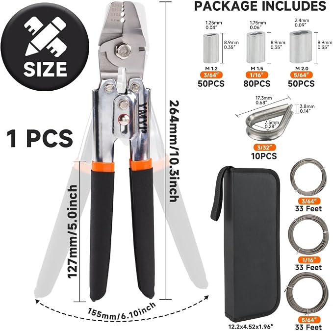 Up to 2.2mm Wire Rope Crimping Tool Kit, 99FT Stainless Steel Wire Rope (3 Sizes), 180 Aluminum Double Sleeves (3 Sizes), 10 Thimbles