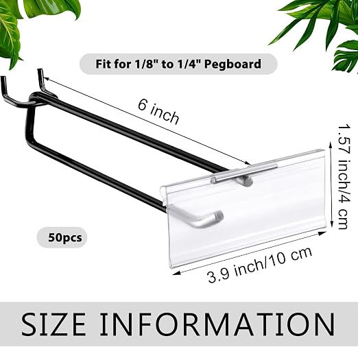 Tandefio 50 Pack 6 Inch Black Metal Peg Board Hooks with Clear Plastic Label Holder Stainless Steel Display Pegboard Hooks for 1/8'' to 1/4'' Pegboard Wall for Garage Storage Retail Shop Supplies