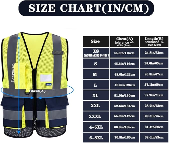 A-SAFETY High Visibility Mesh Vest with Mic Tabs, Zipper, Yellow/Navy, 2XL | Yellow/Navy 2XL mesh safety vest with reinforced zipper pockets, clear PVC ID holder and mic tabs for site supervision.