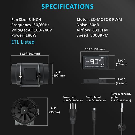 Toolazy 8 Inch Inline Duct Fan with WiFi App Control, 831 CFM Quiet EC Motor Ventilation Fan with Temperature Humidity Sensor, Smart Exhaust Fan for Large Grow Tent, Hydroponics, HVAC, Commercial Use