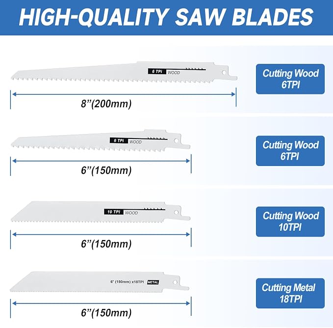 Reciprocating Saw Blade Set, 4-Piece Electric Sawzall Blades, Bi-Metal & HCS for Metal/Wood/PVC Cutting