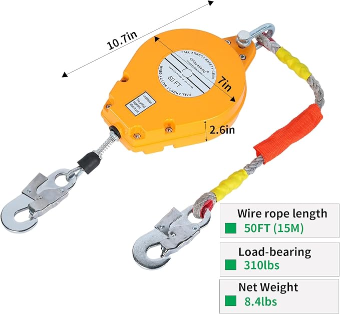 50FT Self Retracting Lifeline, Adjustable Retractable Lifeline Fall Protection Rope, Heavy Duty Retractable Lanyard, Roofing Lifelines, Industrial Fall Arrest Retractor