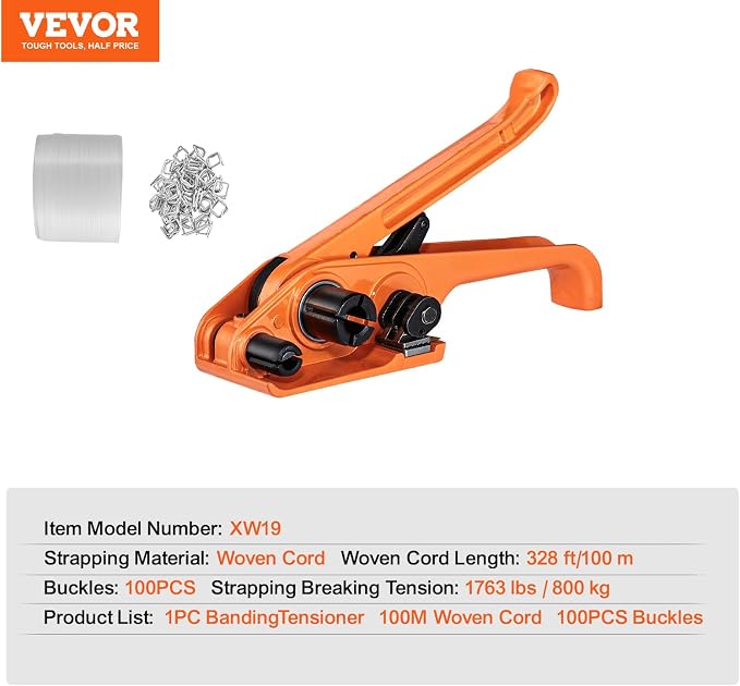 VEVOR Banding Strapping Kit with Strapping Tensioner Tool, 328 ft Length Woven Strapping Cord Band, 100 Metal Seals, Pallet Packaging Strapping Banding Kit, Banding Packaging Strapping for Packing