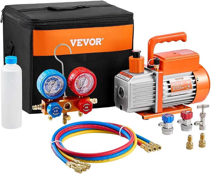 VEVOR 3.5 CFM AC Vacuum Pump and Gauge Set, Single Stage Rotary Vane HVAC Air Vacuum Pump, A/C Refrigerant Manifold Gauge Kit, with Hoses, for R134a, R12, R22, R502a, R410A, R404, R407C Refrigerants