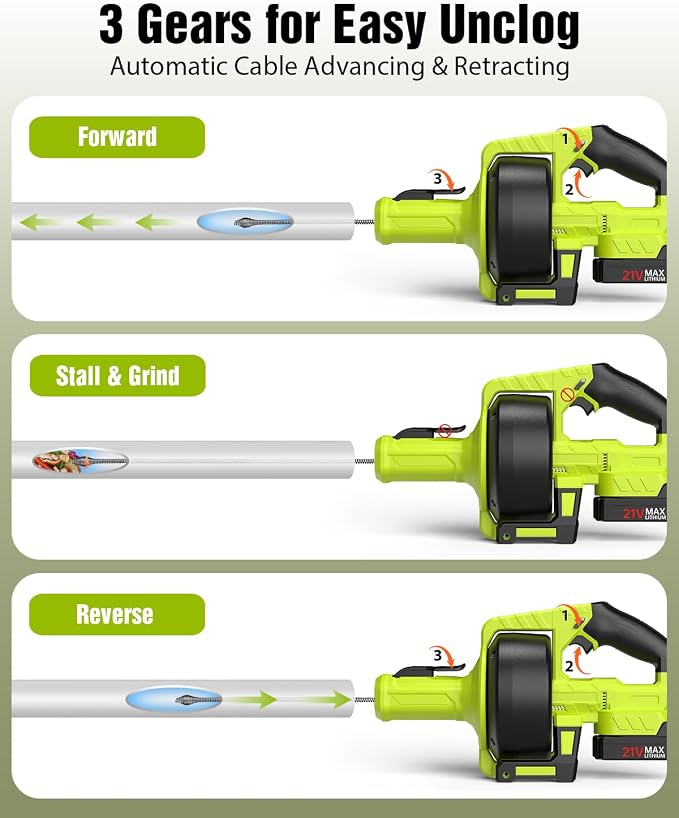 Ublue 21V Cordless Electric Drain Auger, 25Ft Auto Feed Drain Snake for Clog Remover with 2.0Ah Battery, Plumbing Snake for Sink Toilet Bathroom Shower Pipes 3/4"-2.95", Included Bag Gloves Rag