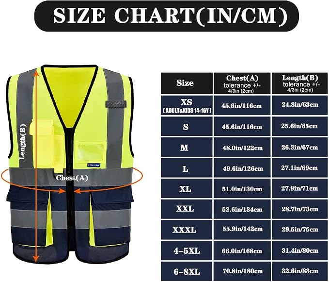A-SAFETY Reflective Safety Vest, Reinforced Points, Zipper, Yellow/Navy, L | Yellow/Navy L work vest with reinforced pockets, clear ID holder and mic tabs for warehouse logistics and assembly work.
