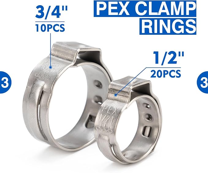 iCrimp PEX Crimping Tool Kit for 3/8-in, 1/2-in, 3/4-in, 1-in PEX Clamp Cinch & Removal, c/w 1/2''(20 Pack) and 3/4''(10 Pack) PEX Clamp Rings, PEX Tubing Cutter