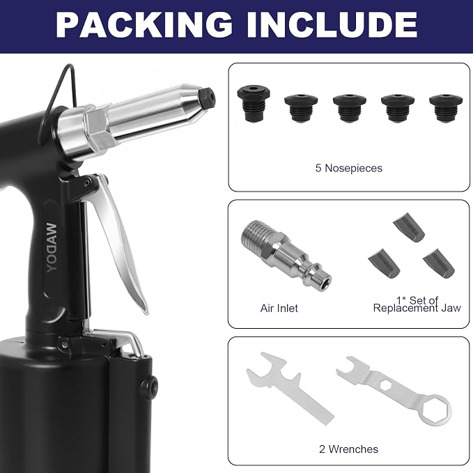 Wadoy Heavy Duty Air Rivet Gun-3924LBF Professional Pneumatic Riveter Kit with 5 Nosepieces (1/4", 3/16", 5/32", 1/8", 3/32") & 50PCS Rivets, 1/4" NPT Industrial Air Rivet Gun for Automotive, Home DIY