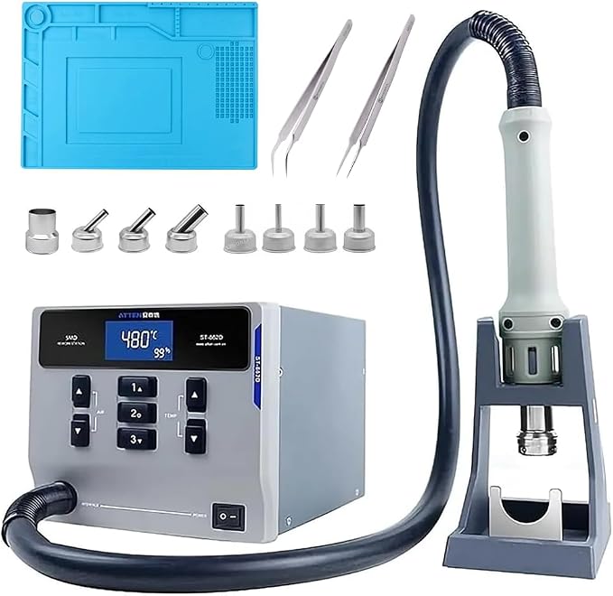 ATTEN ST-862D 1000W Hot Air Rework Station with 8 Nozzles,Heat Resistant Soldering Mat,2 Pcs Anti-Static ESD Tweezers,Intelligent Lead-free Hot Air Gun Soldering Station For Phone PCB Chip Repair