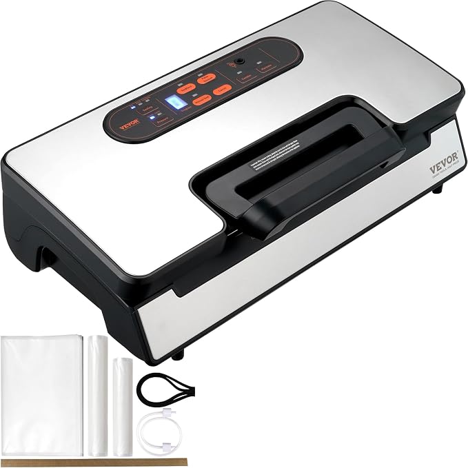 VEVOR Vacuum Sealer Machine, Food Sealer Machine，Dry and Moist Food Storage, Automatic and Manual Air Sealing System with Built-in Cutter, with Seal Bag， External Hose 90Kpa 130W Powerful Dual Pump