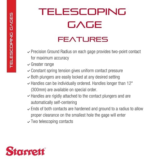 Starrett Telescoping Gage, Self-Centering with Two Arms - Ideal for Determining True Size of Holes, Slots and Recesses - 3/4" - 1-1/4" Range, 12" Handle Length - 579C-12