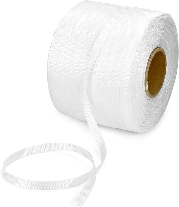 QWORK 1/2" x 1500' Woven Cord Strapping Roll, Heavy Duty Polyethylene Braided Rope Strap Roll, 1300 lb Strong Break Strength 6" x 3" Core, Strength and Flexibility Poly Cord Strapping, White