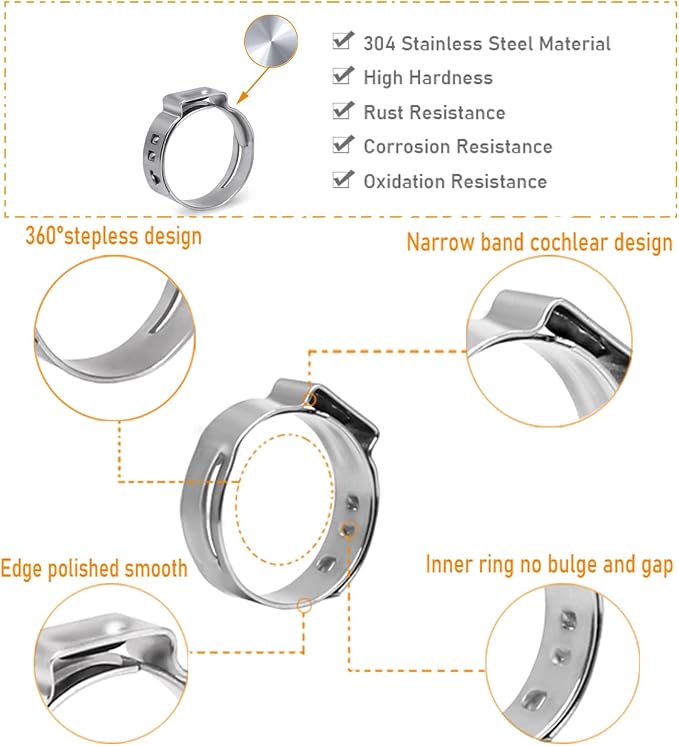 AKIHISA 180 PCS Single Ear Hose Clamps, 12 Sizes 5.3-33.1mm Crimp Hose Clamps with Ear Clamps Pincer, 304 Stainless Steel Crimp Pinch Fitting Tools Kit