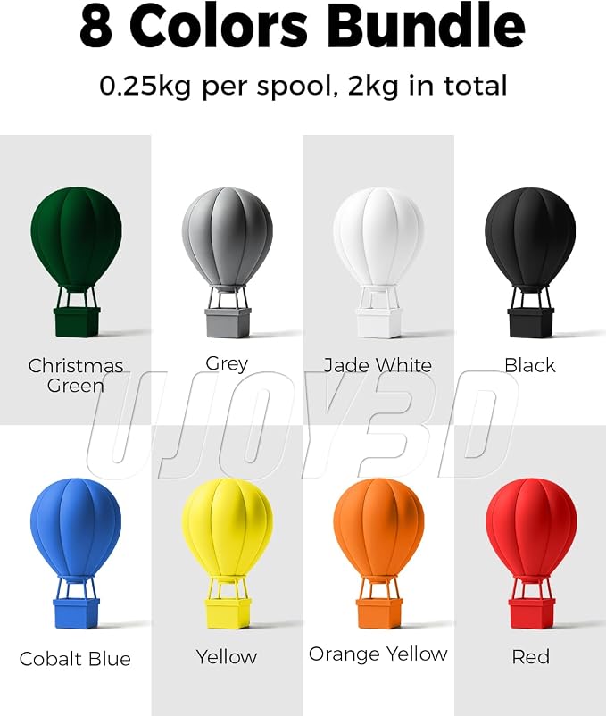 UJOY3D 8 Color Pack PETG Filament Bundle, 3D Printer Filament 1.75mm, Individually Vacuum Packed, 0.25kg Spool, 8 Pack, Total 2kg (Black+Jade White+Grey+Red+Cobalt Blue+Christmas Green+Orange+Yellow)