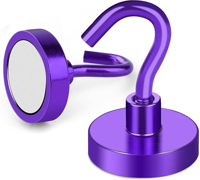 MIKEDE Magnetic Hooks 50Lbs+ Heavy Duty Magnet Hooks for Cruise Cabins | Super Neodymium Hanging Hooks Strong Magnets with Hook for Fridge, Magnetic Hanger for Grill Toolbox Storage Purple 4 Pack