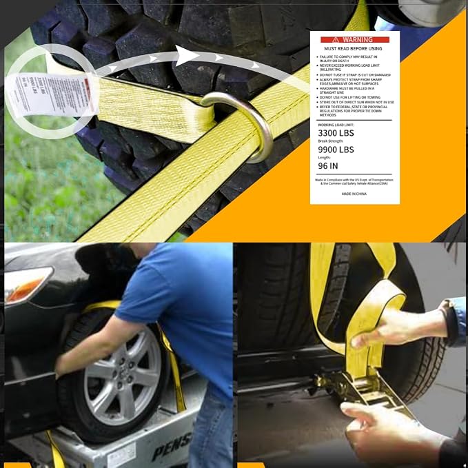 Heavy Duty Car Tie Down Straps (4PK) - 2" x 96" - 3,300 lbs Safe Working Load - Wheel Straps Comes with 5/16" Tow Hooks (Yellow)