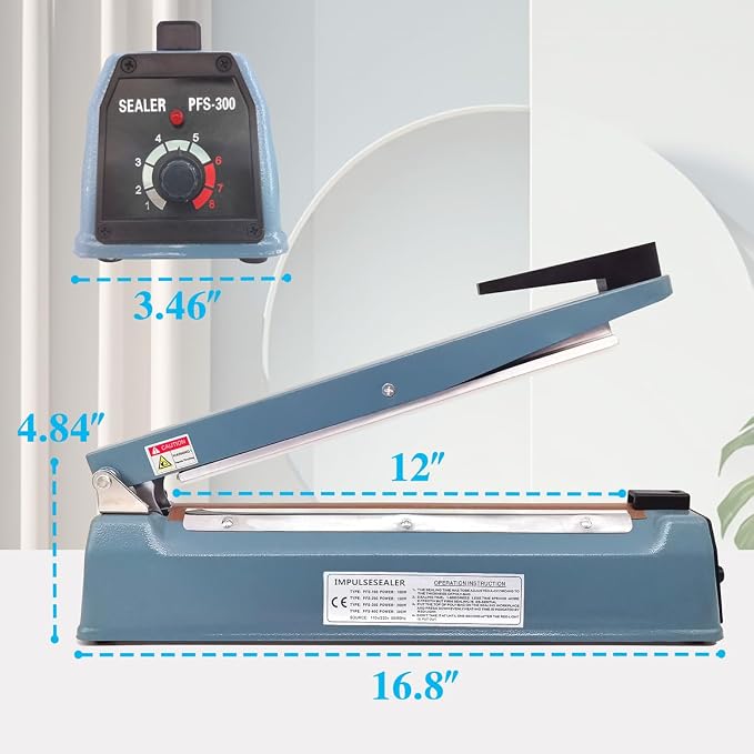 12 Inch 5mm Impulse Heat Sealer Machine for Plastic Mylar Bags, Metal Shell, with 6 Replacement Parts (including 2 Cutting Lines)
