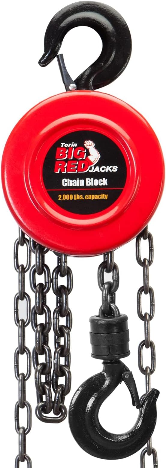 Big RED TR9010-4 Hand Chain Hoist: 2 Heavy Duty Hooks, 8ft/2.5m Manual Chain Fall for Warehouse Building and Automotive Machinery, 1 Ton (2000 Lbs) Capacity, Red