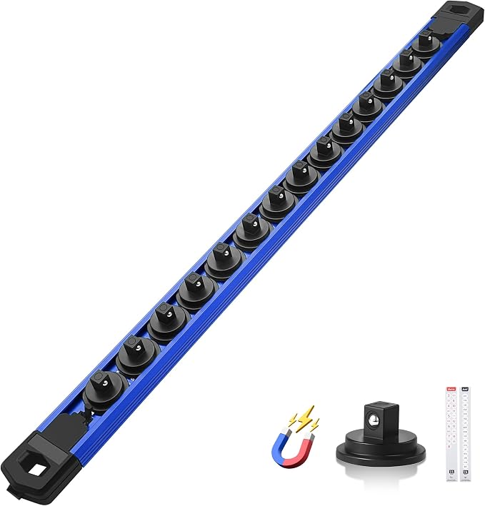 Reniteco Magnetic Socket Organizer, 1/4" Drive Aluminum Alloy Socket Rail, Heavy Duty Magnetic Socket Holder with 14PC 360° Swivel Removable Clips, Magnetic Socket Rack for Tool Box Drawer, Blue