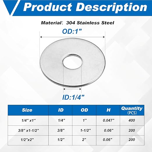 Hotop 400 Pieces Stainless Steel Fender Washers 18-8 Stainless Steel Flat Washer (1/4" X 1")