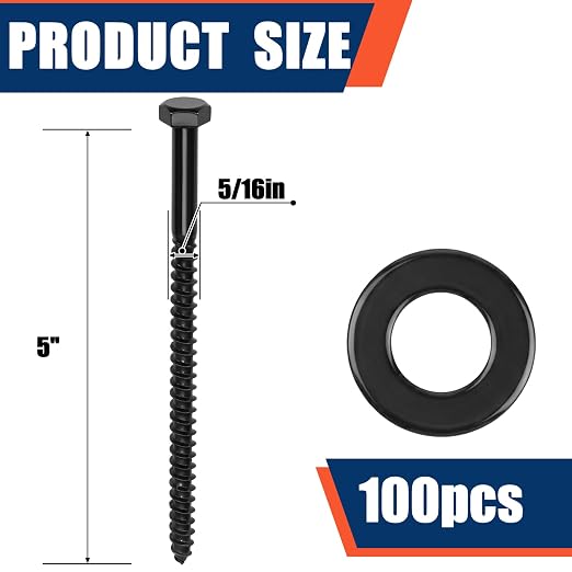 Tandefio 100 Pack 5/16''x5'' Hex Head Lag Bolts for Wood Ceramic Black Lag Screw Kit with Washers Heavy Duty Hot Dip Galvanized Coating Double Layer for Decks Fences