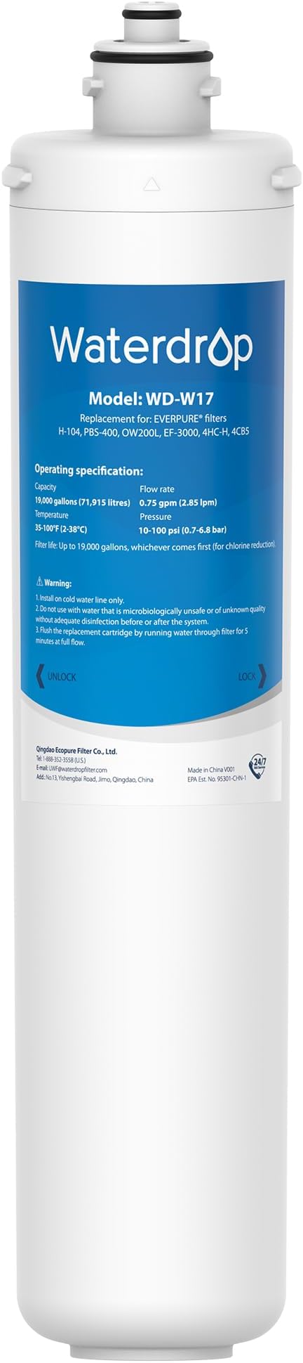 Waterdrop H-104 Under Sink Water Filter, Replacement for Everpure H-104, EV961211, EF-3000, PBS-400, OW200L, 6TO-BW, MR-100, MR-225, EV9262-71, EF9857-00, NSF/ANSI 42 Certified, 19000 Gallons