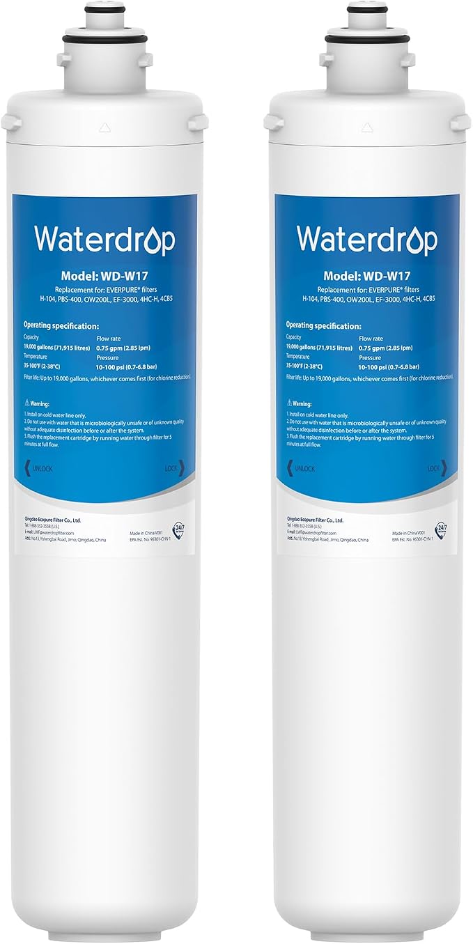 Waterdrop H-104 Under Sink Water Filter, Replacement for Everpure H-104, EV961211, EF-3000, PBS-400, OW200L, 6TO-BW, MR-100, MR-225, EV9262-71, EF9857-00, NSF/ANSI 42 Certified, 19000 Gallons, 2 Pack