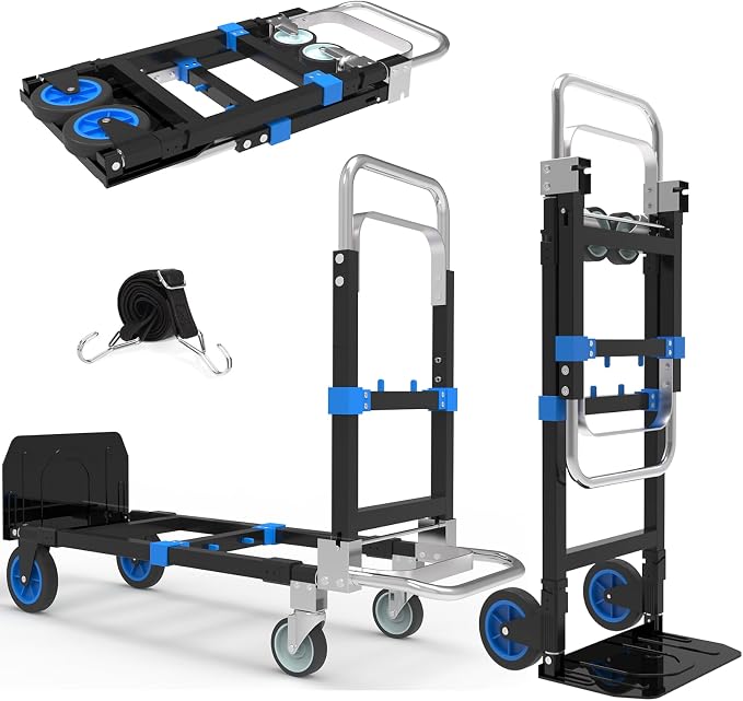 3 in 1 Heavy Duty Folding Hand Truck, Convertible Portable Steel Dolly with Telescopic Handle, Foldable Utility Cart with Rubber Wheels, 500 LBS