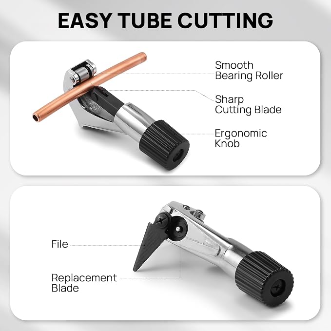 TURBRO HVAC FlaringTool Kit for 1/4 to 3/4in Pipes, 45 Degree Eccentric Cone Type, 2 Flaring Splints, Single Flaring Tool with a Pipe Cutter and Deburring Reamer, for Copper and Aluminum Pipes