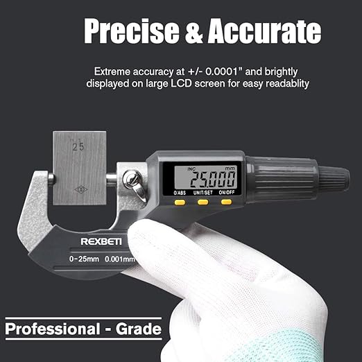 REXBETI Digital Micrometer, Professional Inch/Metric Measuring Tools 0.00005"/0.001 mm Resolution Thickness Gauge, Protective Case with Extra Battery