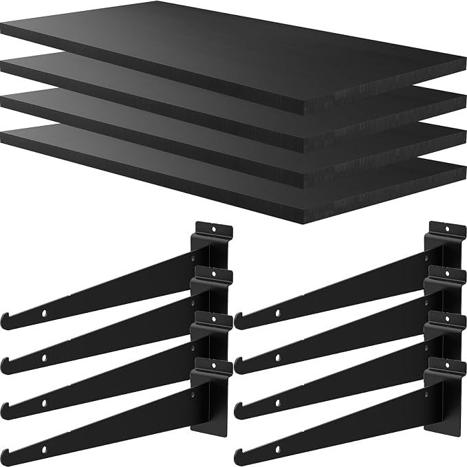 4 Pack Large Wooden Slatwall Shelf, 24 x 12 Inch Slatwall Shelves with Metal Brackets Heavy Duty Slat Wall Shelving Accessories for Garage Home (4, 23.6" D x 11.8" W x 0.8" H)