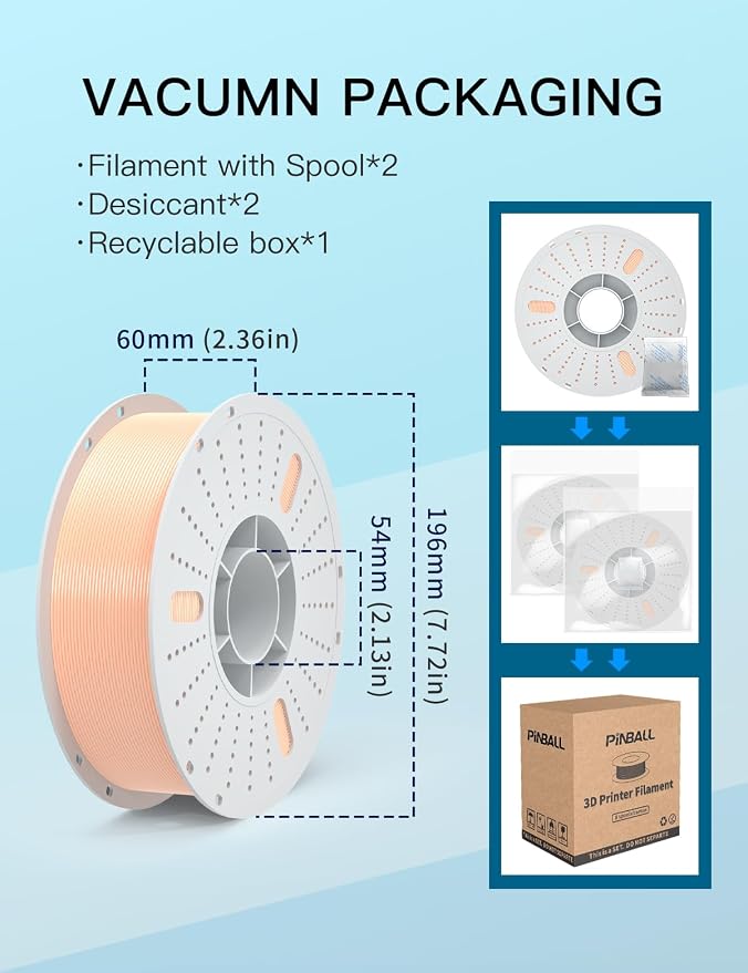 PINBALL PETG 3D Printer Filament 1.75mm High Precision Durable Moisture-Proof Strong Filament Mith Better Flow Dimensional Accuracy +/- 0.02mm Suitable for Most FDM 3D Printers 2 Kilograms Skin Color