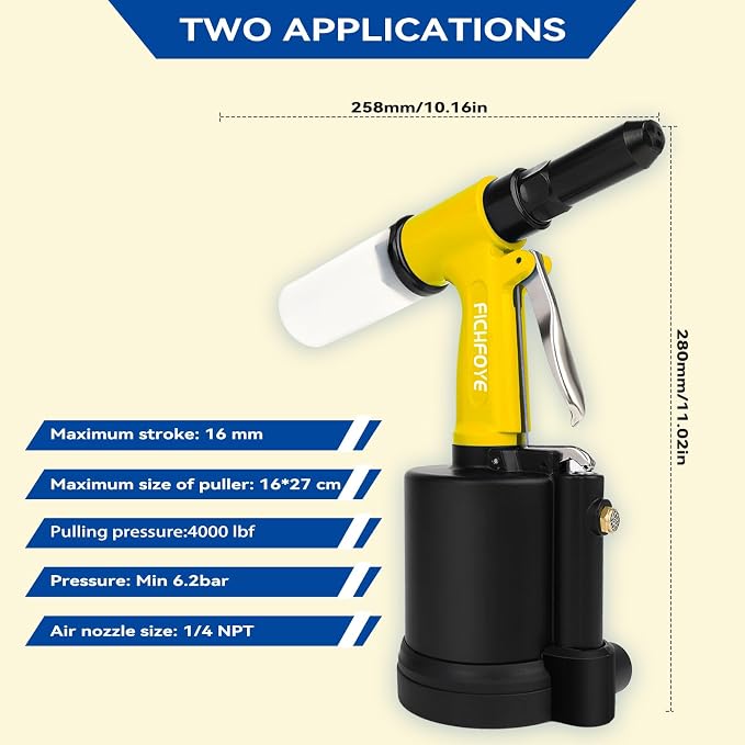 Heavy Duty Pneumatic Rivet Gun, 4000lbf Rivet Gun Set- 3/32", 1/8", 5/32", 3/16", 1/4" Air Riveter with NPT 1/4 inch for Automotive, Construction, Manufacturing Industries,Yellow