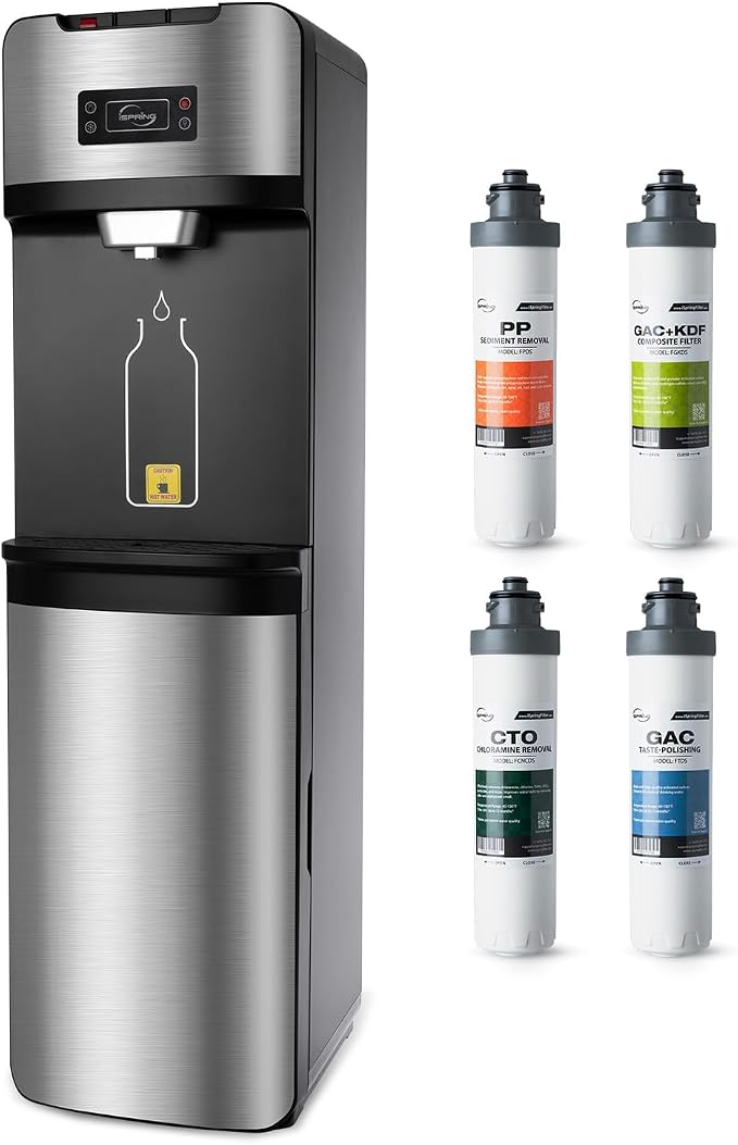 iSpring Bottleless Water Dispenser with Built-in 4-Stage Filtration, Chloramine Removal, Water Cooler Dispenser - Hot, Cold, Room Temp, Self Cleaning, Stainless Steel, Silver, Model: DS4S-NC