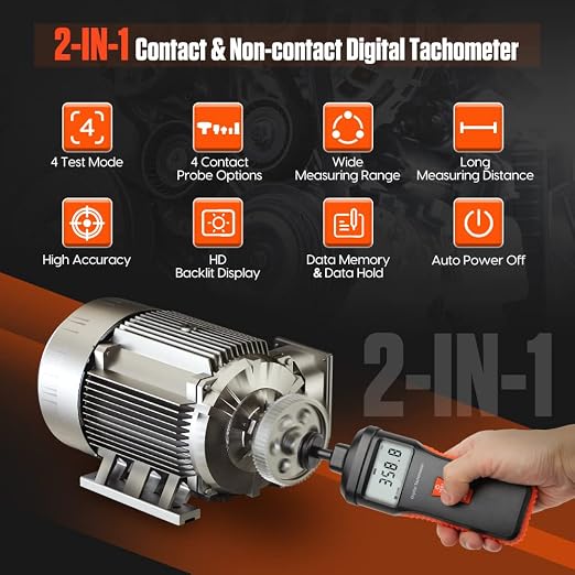 Tachometer Contact & Non-contact Digital Tachometer 4 Test Mode Laser Photo Tachometer 1.0～99999RPM High Accuracy RPM Tachometer with 4 Contact Probes, Backlit Display, Data Memory/Hold,Auto Power Off