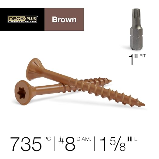 Deck Plus 1-5/8 Inch Epoxy Coated Exterior Wood and Fence Screws #8 x 1-5/8" Torx/Star Drive Included Coarse Thread, Outdoor Rust Resistant Decking Screw, Brown, 5 lb Box, 735 Pieces | 49002
