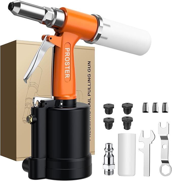 Proster Pneumatic Tool Air Riveter - 4 Nozzles Pneumatic Rivet Gun, 6-8KG/C2 Heavy-Duty Air Pop Riveter for 3/32", 1/8", 5/32", 3/16" Capacity 3104LBF