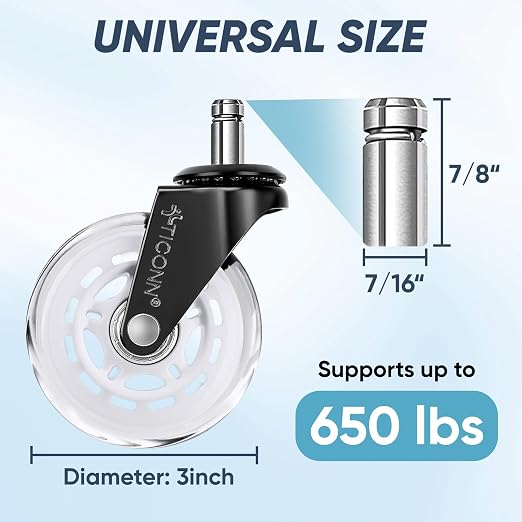 TICONN Office Chair Caster Wheels Set of 5 for Tile, Hardwood Floors and Carpets, Universal Fit for Most Chairs (White)
